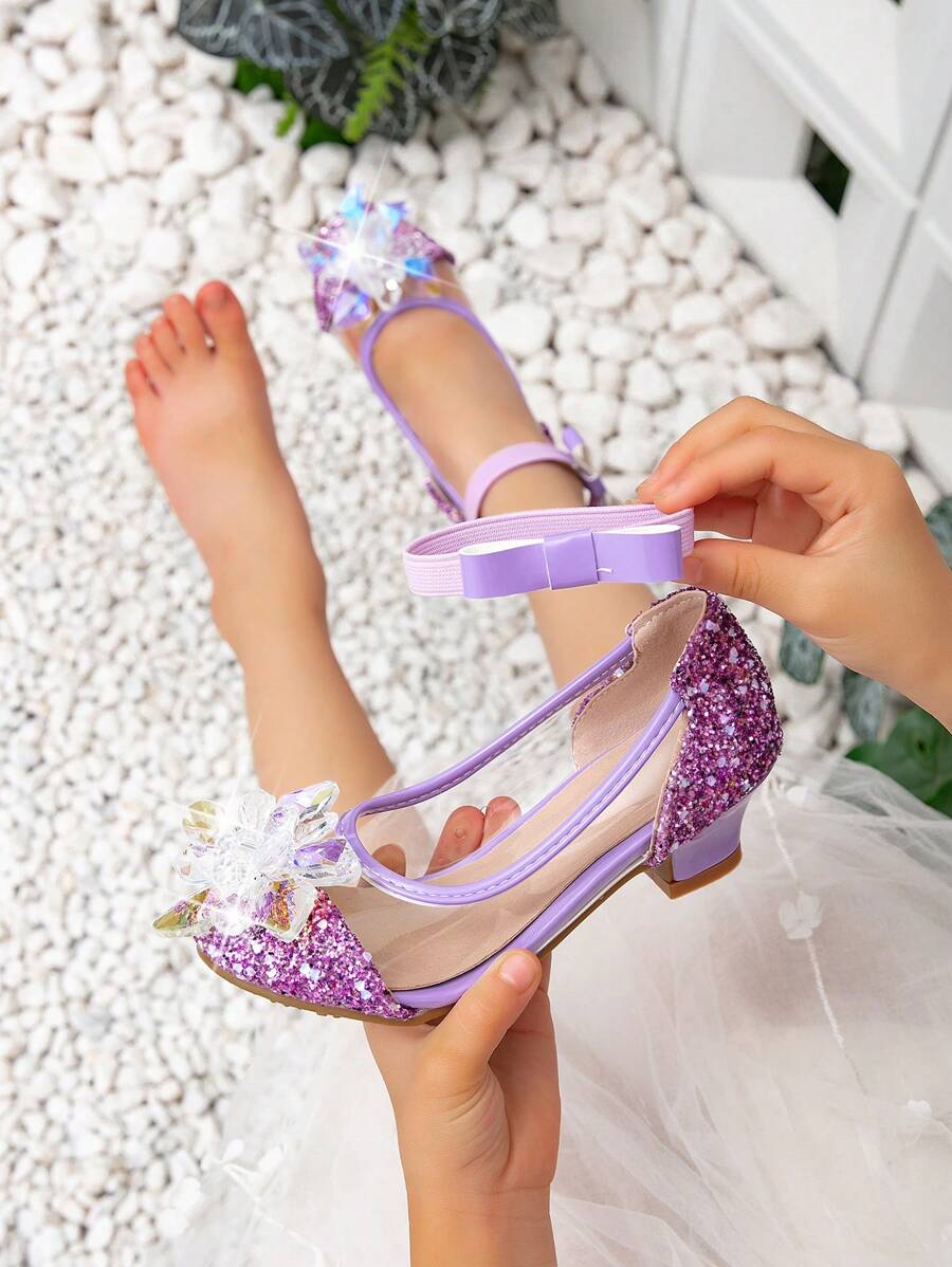 New Girls Sequined Round Toe Purple High Heel Transparent Glass Jelly Princess Shoes, Children Chunky Heel Cute Flats - Purple - View 1