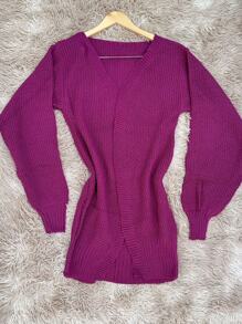 Super Autumn/Winter Knitted Cardigan Puff Sleeve Women's Cardigan New Arrival - Rose Red - View 2