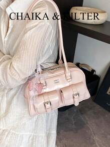 CHAIKA & KILTER 1 件亮面 PU 材质单肩包，女士时尚多口袋大容量波士顿保龄球包，拉链开合适合日常使用和外出（带吊坠出售）