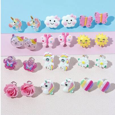 3 对可爱儿童独角兽和花朵夹式耳环套装