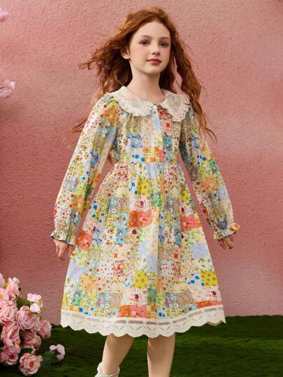 ASK JUNIOR 女童春季彼得潘领花卉拼布荷叶边下摆连衣裙，幼儿和女童