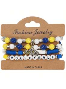 4Pcs/Set Bohemian Sports-Themed Polymer Clay Bracelet Featuring Elements Of Rugby Basketball Soccer Baseball And Volleyball For Women's And Men's Daily Wear Holiday