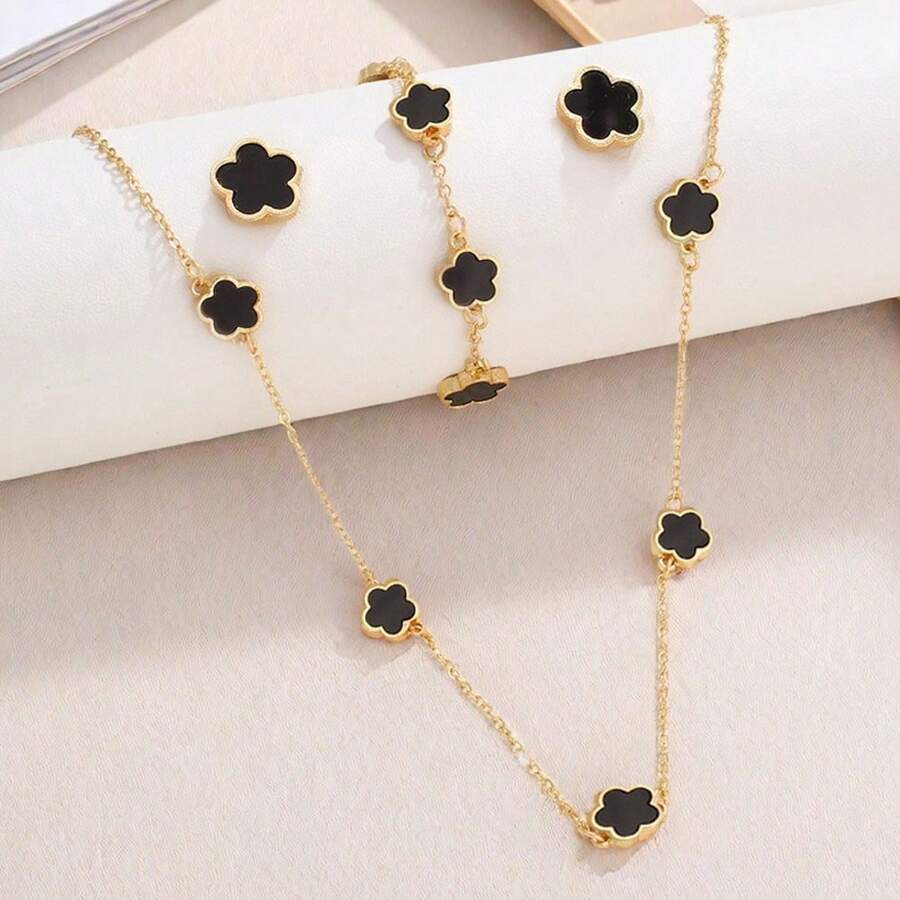 4pcs/Set Floral Leaf Pendant Necklace, Bracelet, Earrings Jewelry Set For Women, Fashion Versatile Accessory For Daily, Party, Vacation Wear - Multicolor - View 1