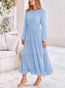 Women's Autumn Spring Elegant Long Sleeve Long Dress Swiss Polka Dot A Elegant Casual Holiday Wedding Party Going Out Dress - 淺藍色 - 查看 5