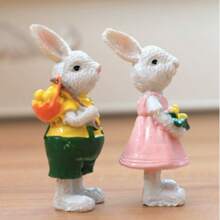 Lot de 2 statues de lapins de Pâques en résine - Décoration de jardin de printemps pour l'intérieur et l'extérieur, figurines de lapin de table ou de cour, décoration de lapin habillé pour Pâques