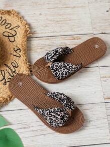 女士豹纹休闲波西米亚风沙滩凉鞋，轻便柔软舒适厚底防滑编织露趾人字拖平底拖鞋，春夏