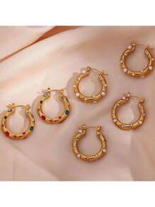 1 paire de boucles d'oreilles créoles de luxe en acier inoxydable plaqué or 18 carats avec perle, boucles d'oreilles en cubic zirconia coloré, conviennent pour le travail, les rendez-vous, les fêtes