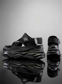 1 Pair Pure Black Closed-Toe Mesh Sandals, Breathable Comfortable Thick Sole Soft Elastic Hook And Loop - Black - View 1