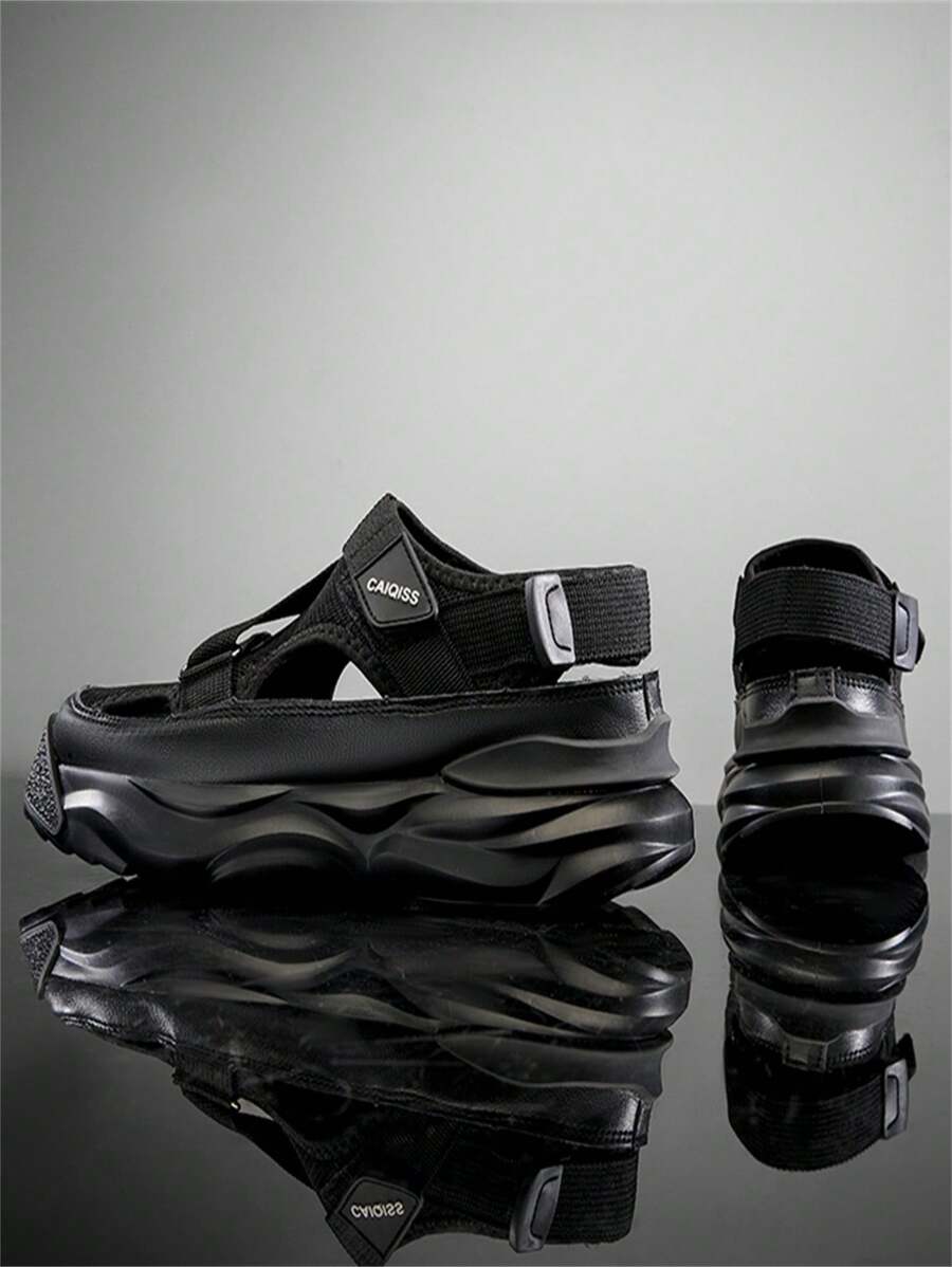 1 Pair Pure Black Closed-Toe Mesh Sandals, Breathable Comfortable Thick Sole Soft Elastic Hook And Loop - Black - View 1
