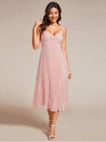 EVERPRETTY Midi Tiered Pleated V-Neck Featuring Spaghetti Straps Bridesmaid Dress - Pink - View 4