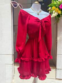 SHORT DRESS WITH LONG SLEEVES AND SPRING, COUNTRY STYLE, DOUBLE Ruffle, CEY FABRIC. MOD. ELSIE - Red - View 5