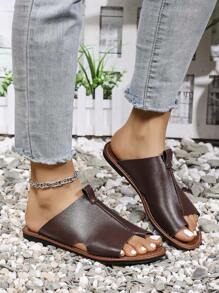 Sandalias planas para mujer, de moda casual estilo europeo y americano, con punta redonda, parche y diseño slip-on para la playa