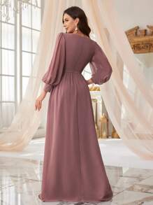 SUPGIR Long Sleeve Lantern Dress With 3D Flower, V-Neck And Front Slit, Pleated Accent, Wedding Guest Dress Party Dress Formal Dress Evening Dress,Gown - Dusty Pink - View 2