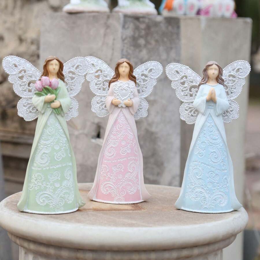精美创意蝴蝶镂空翅膀双手祈祷天使、手捧鲜花天使、手拿镜子天使，适合母亲节送给妈妈的礼物，橱窗家居客厅卧室摆件，树脂工艺品 - 彩色 - 查看 1