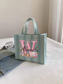 Customized Name Easter Picture Splicing Striped Handbag Large Capacity Canvas Bag Female Work Bag Student Backpack Elegant And Fresh Vertical Pattern Tote Bag Office Worker Commuter Large Capacity Handbag Bento Bag Small Square Bag Korean Edition Fashion Simple Handbag Handbag Shoulder Bag Art Bag Data Bag Leisure Bag New Large Capacity Bento Bag Vertical Stripe