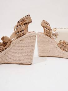 露背坡跟凉鞋女款，编织绳透气时尚露背系带单扣草编鞋 - 彩色 - 查看 4