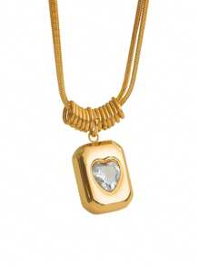 TONSI 1pc Vintage Stainless Steel 18k Gold Plated Double-Layer Snake Bone Chain Necklace With Geometric Heart Pendant, Suitable For Various Occasions For Women