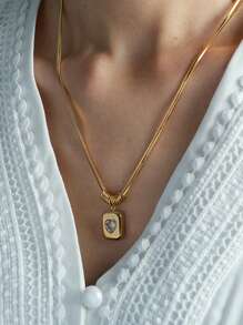 TONSI 1pc Vintage Stainless Steel 18k Gold Plated Double-Layer Snake Bone Chain Necklace With Geometric Heart Pendant, Suitable For Various Occasions For Women