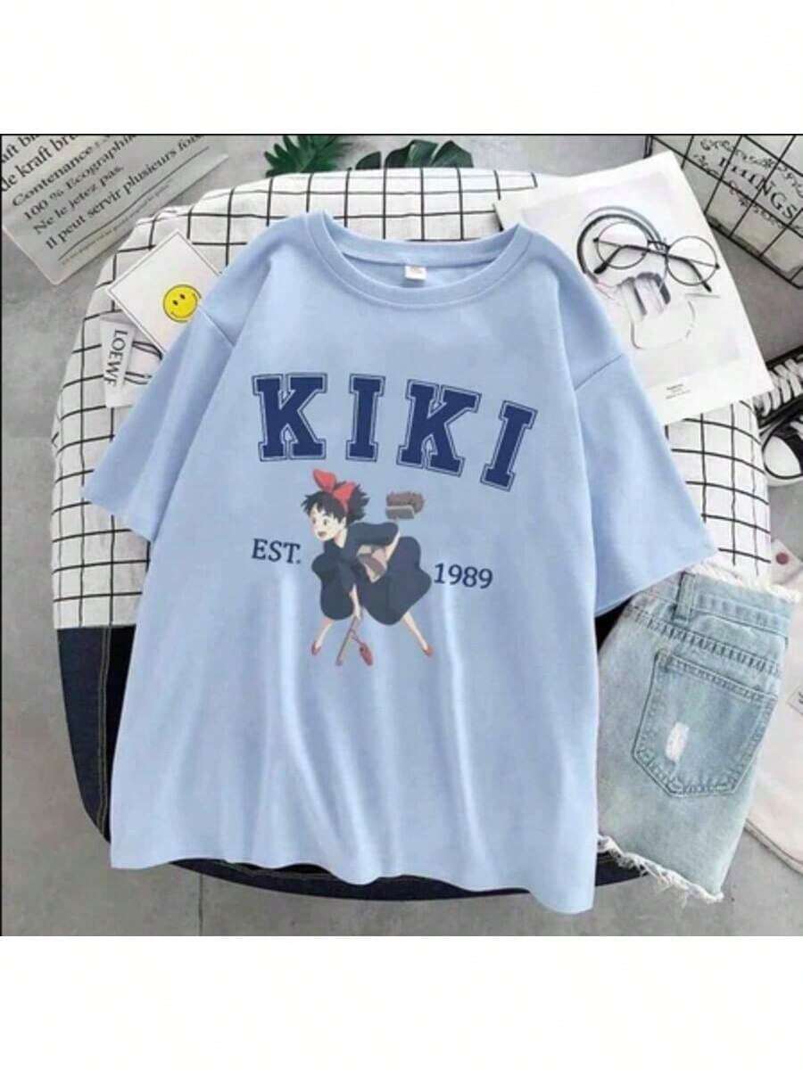 Kiki's Delivery Service Anime Basic T-Shirt Ghiblii 100% Cotton - Màu xanh nhạt - Xem 1