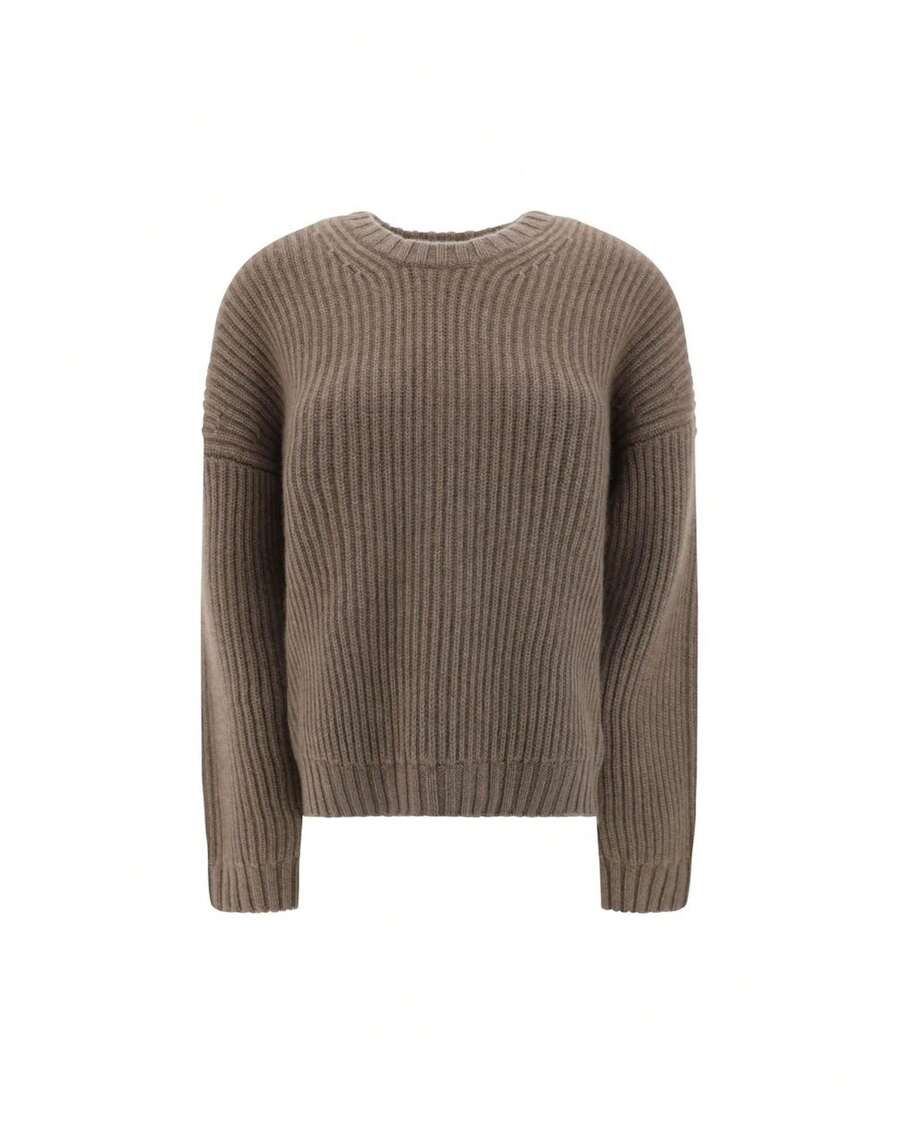 Cashmere Ribbed Crew Neck Sweater With Monochrome Pattern Women Beige - Nâu - Xem 1