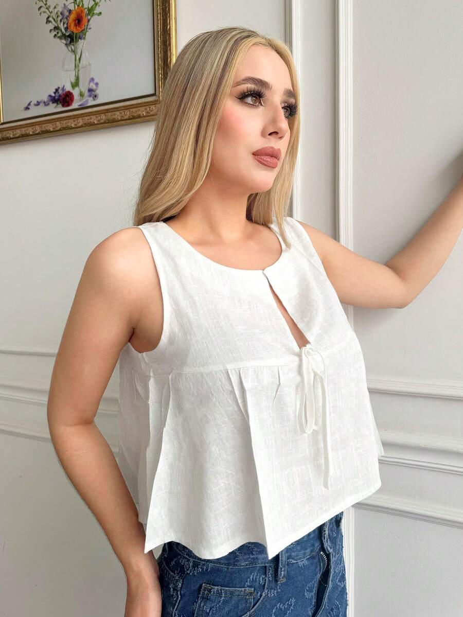 Camiseta sin mangas con nudo delantero de color sólido - Blanco - Ver 1