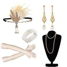 7pcs 1920s Women's Party Makeup Ball Feather Headpiece, Earrings, Bracelet, Glove, Sequin 5-Piece Set, Elegant Vintage Sexy High-End Headpiece For Bachelorette Party Prom