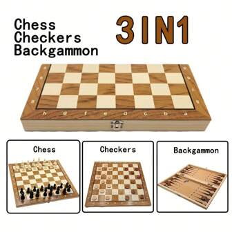 1 Set Chess Checkers Backgammon 3-In-1 Board Games Set, Wooden Chess Board With Plastic Chess Pieces For Adults,Lightweight Checkers Board Game,Strategy Backgammon Sets For Adults, Travel Chess Board Game Pieces Storage