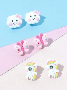 3 أزواج من أقراط بمشابك أطفال جميلة بشكل وحيد القرن و الزهور