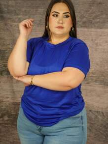 Plus Solid Ruched Blouse - Blue - View 1