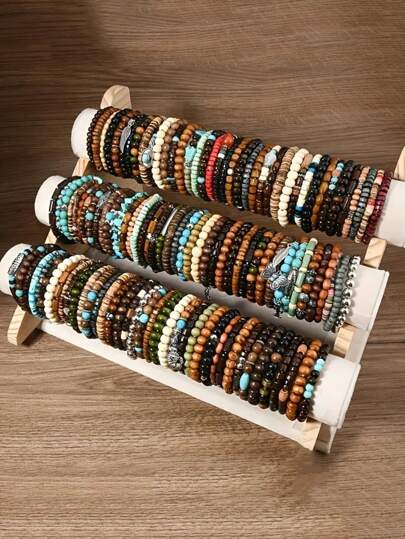 10/20Pcs Vintage Wooden Beads Bracelet Set With Hat Butterfly Feather Hanging Ornaments For Women's And Men's Daily Wear Couple Jewelry Random