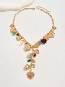 1 件高端金色心形树脂和天然小宝石吊坠项链，多吊坠 Y 形设计，适合派对、节日、情侣礼物，每颗宝石和树脂件的尺寸和颜色随机选择 - 彩色 - 查看 2