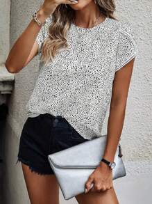 夏季新款圆领波点衬衫，不对称袖蕾丝拼布宽松系带腰衬衫