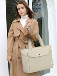 Tote Bag For Women Large Corduroy Handbags For Women With Zipper Pockets Laptop Work Bag For Business Shopping College - Beige - View 9