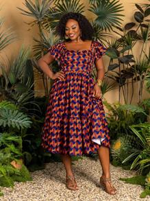 Faeriesty Plus Stunning Square Neckline Vacation Maxi Dress & Ruffled Sleeve Details – Vibrant Floral Print Summer Resort Wear For Beach Parties, Outdoor Weddings, And Tropical Getaways (Comfortable & Seasonless Design) Summer Dresses Spring Clothes