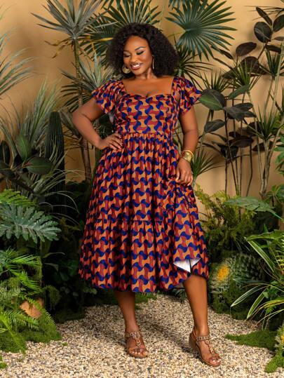 Faeriesty 加上令人惊艳的方形领口度假长裙和荷叶边袖子细节 - 充满活力的花卉印花夏季度假装，适合海滩派对、户外婚礼和热带度假（舒适且不分季节的设计）夏季连衣裙春季服装