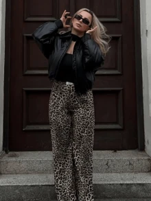 Jeta Ari Leopard Print Woven Wide-Leg Streetwear Pants For Women - Multicolor - View 9