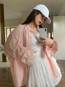 轻质防晒衬衫，宽松设计休闲长袖条纹，宽松版型 - 粉色 - 查看 1