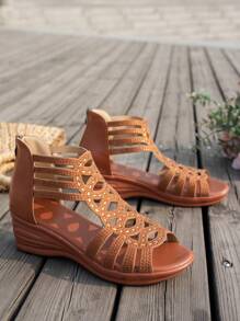 Women's Rhinestone Buckle Strap Platform Wedge Sandals, Black Faux Suede Cross Strap Ankle Strap Fashion Wedge Sandals