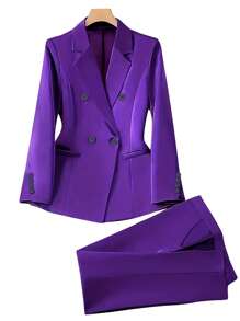 Women's Spring & Autumn Double-Breasted Long Sleeve Suit Set - Purple - View 3