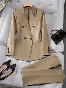Plus Size Women Double Breasted Suit Set - Khaki - View 1