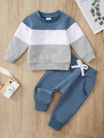 2pcs/Set Baby Boys Casual Color Block Long Sleeve Round Neck Sweatshirt And Pants Set, Autumn/Winter