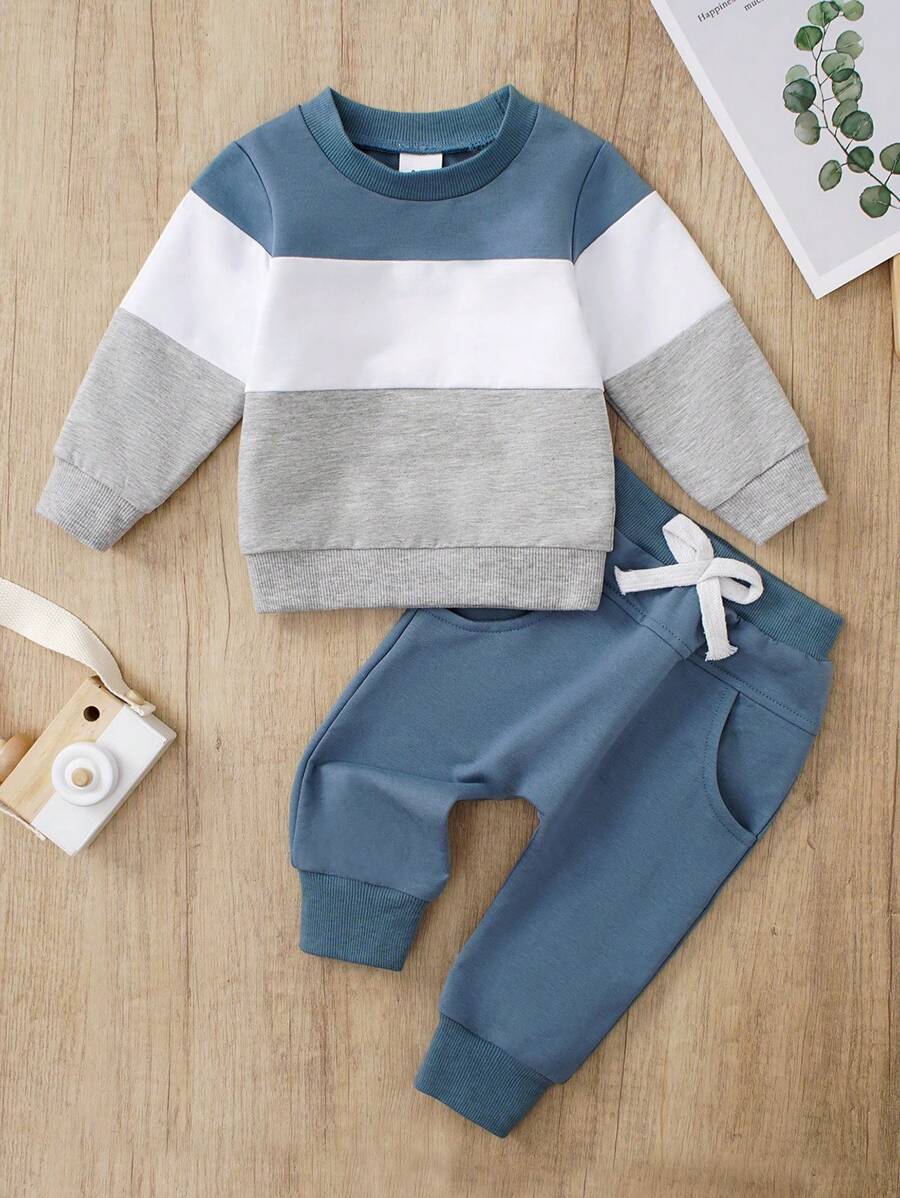 2 Stück/Set Baby Jungen Lässig Farbblock Langarm Rundhals Sweatshirt und Hose Set, Herbst/Winter