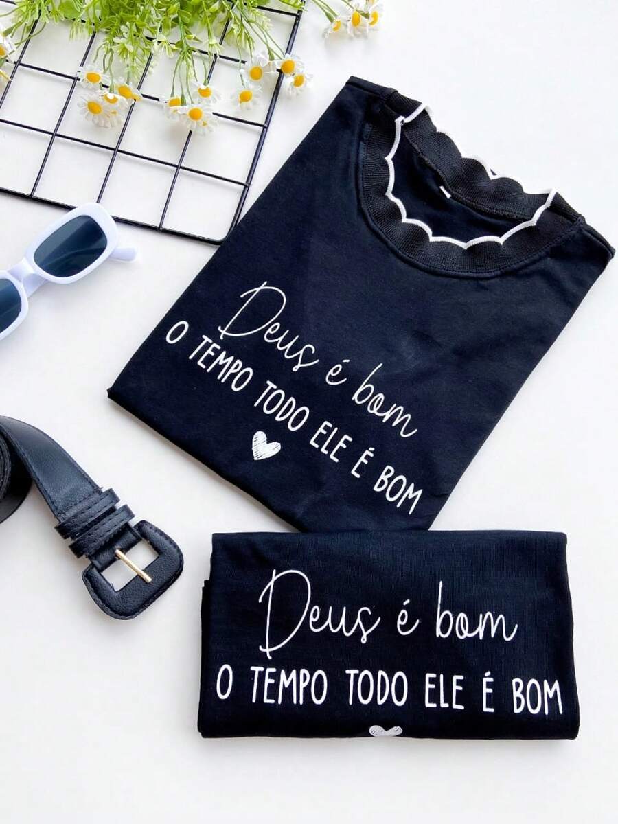 Women's Blouse T-Shirt Babylook Black T-Shirt God Is Good All The Time - 黑色 - 查看 1