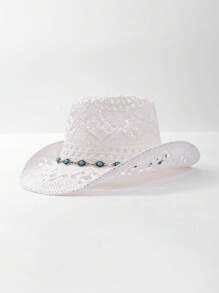 1 件波西米亚风格纯色草编串珠巴拿马风格草帽，西部牛仔帽，男女百搭休闲帽，四季皆宜 - 巴拿馬禮帽 - 查看 14