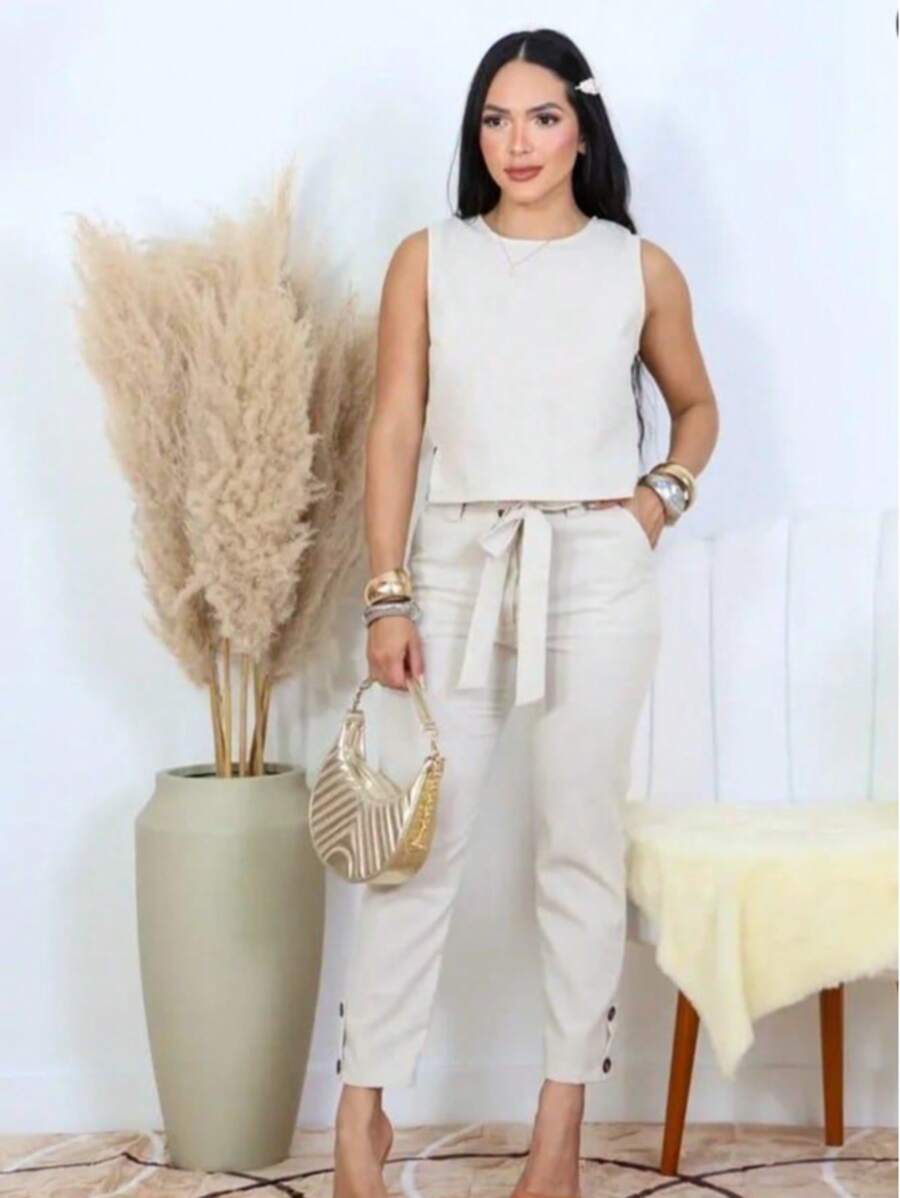 Women's Formal Set Cropped Trousers With Tie - Grey - View 1