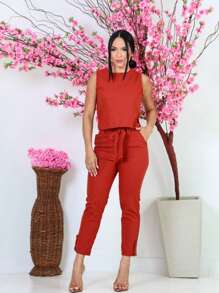 Women's Formal Set Cropped Trousers With Tie - 紅色 - 查看 3