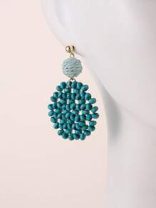 1 Pair Handmade Colorful Wooden Bead Woven Hoop Earrings With Turquoise Beads, Exotic Style, Suitable For Vacation, Party And Gift, Due To Lighting And Angle, There May Be Slight Color Difference Between Actual Product And Image - Turquoise - View 7