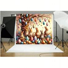 复活节快乐背景布料彩蛋兔子蝴蝶设计装饰复活节派对背景横幅彩蛋派对装饰背景照片展位道具乙烯基