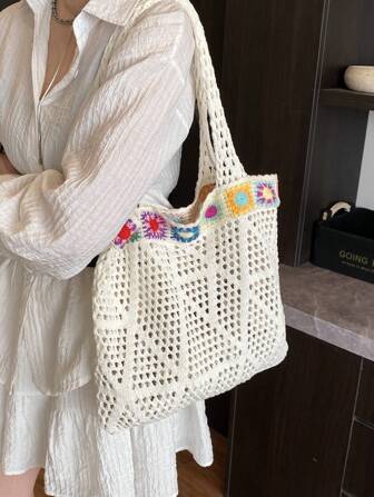 时尚波西米亚风格镂空拼色女士单肩手提包、宽敞的沙滩包和休闲手提包