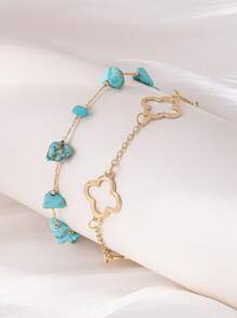 1pc Vacation Style Sexy Hollow Clover Stone Pendant Anklet, Suitable For Women's Daily Vacation Outfit - Yellow Gold - View 2